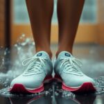 A close-up of a person standing in white athletic shoes with red soles, splashing water on a reflective floor indoors. The background is blurred.