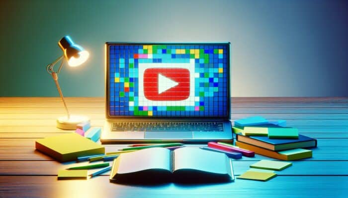 A laptop displaying a YouTube playlist, surrounded by sticky notes and a guidebook on video retention, in a bright workspace.