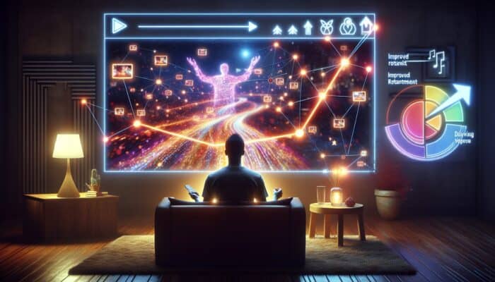 A viewer engaged with a playlist on a screen, graphs indicating increased retention, in a cosy room.