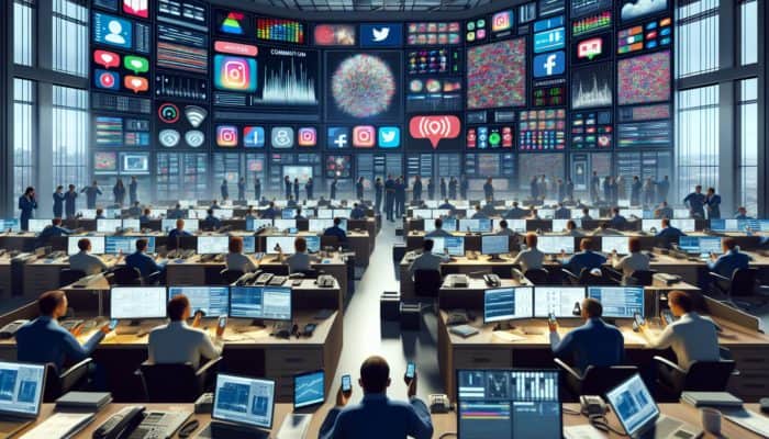 A disaster response center with screens, mobile apps, radios, and a central communication officer coordinating efforts.