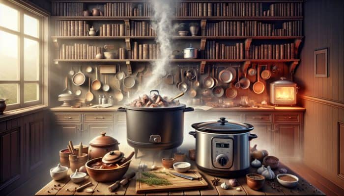A cozy kitchen with a slow-cooker and Dutch oven simmering tender meat, enhancing stew flavors with herbs and spices.