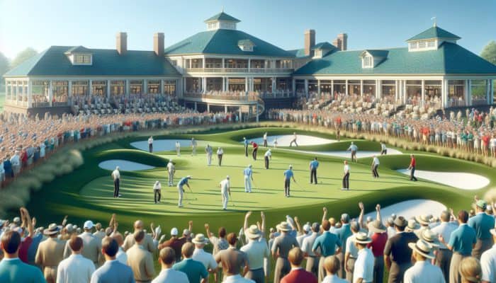 A vibrant golf tournament at San Lameer Country Club with players competing on lush greens under a clear blue sky.