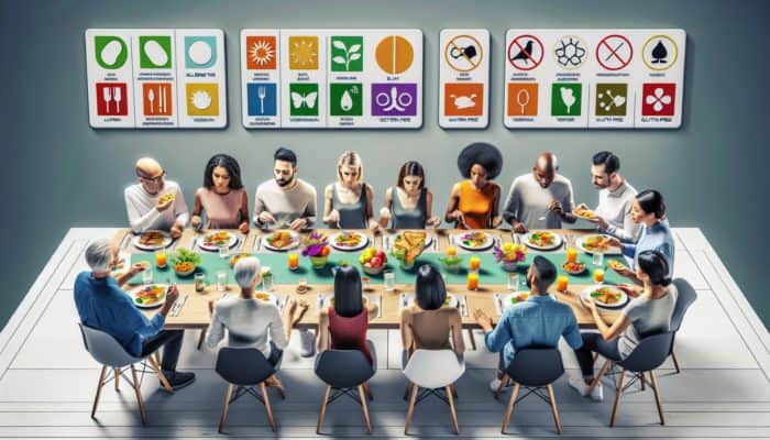 A diverse group enjoying allergen-free, vegetarian, vegan, and gluten-free dishes at a dinner table, complete with allergy cards.
