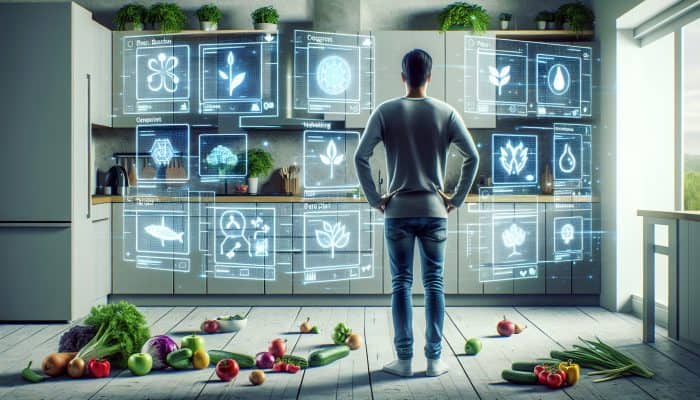 A person evaluating plant-based diet apps on screens in a modern kitchen filled with fresh vegetables.