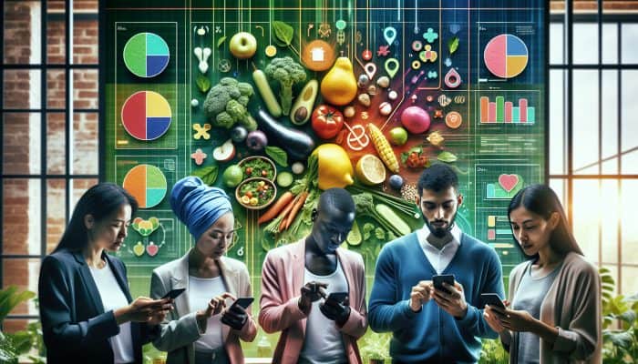 A diverse group using smartphones to read reviews on a plant-based diet app, with meals and charts visible on the screens, set in a green environment.