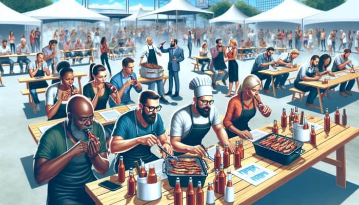 Judges tasting BBQ sauces, competitors in a sauce-making workshop, data analysts working on laptops at an outdoor event.