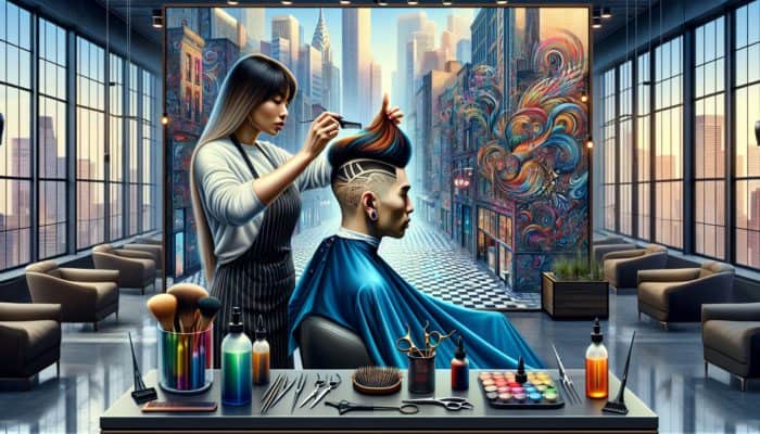 A hairstylist in a modern salon enhancing an undercut with striking colors and patterns.