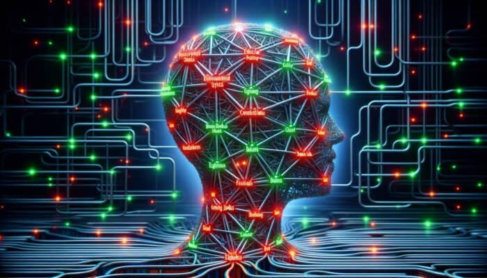 AI analysing a network of backlinks, highlighting ethical connections in green and flagging spammy links in red.