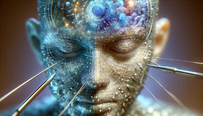 A serene face adorned with acupuncture needles, enhancing skin firmness and youthfulness.