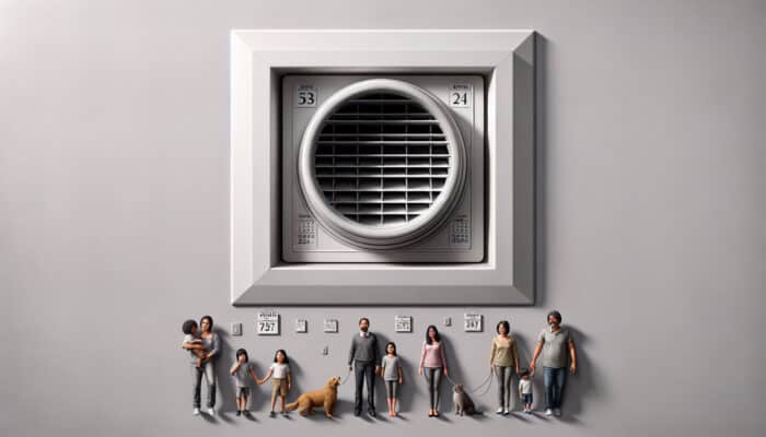 A pristine air vent in a contemporary Abbotsford home, with a calendar indicating annual cleaning and a family with pets.