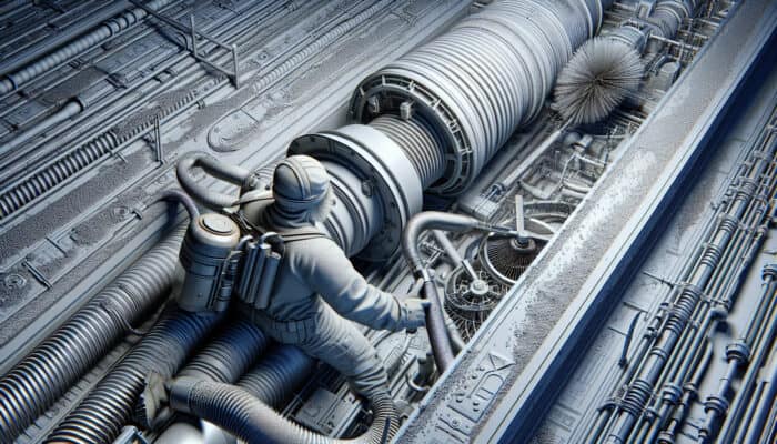 Technician utilising a high-powered vacuum and rotary brush to clean the ventilation system, effectively removing dust and debris.