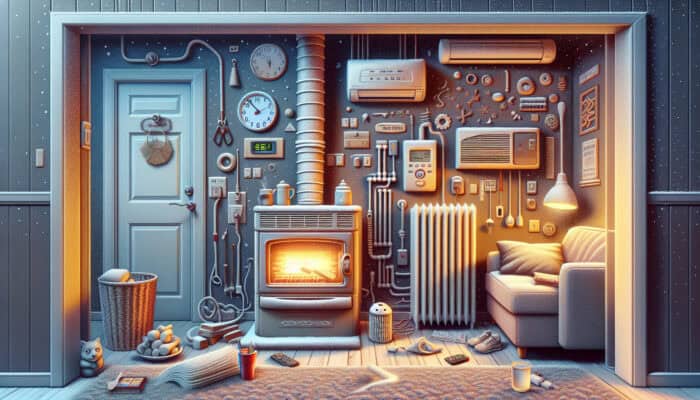 A Burnaby home interior showing a thermostat, clogged filter, and flickering pilot light on a gas furnace during winter.