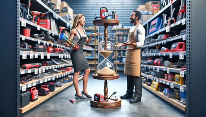 Individual negotiating tool rental discounts in a hardware store, surrounded by various tools, with a calendar and price comparison chart visible.