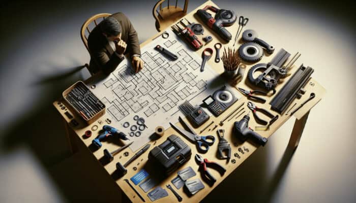 A person arranging tool rental savings with tools, coupons, and loyalty cards laid out on a desk.