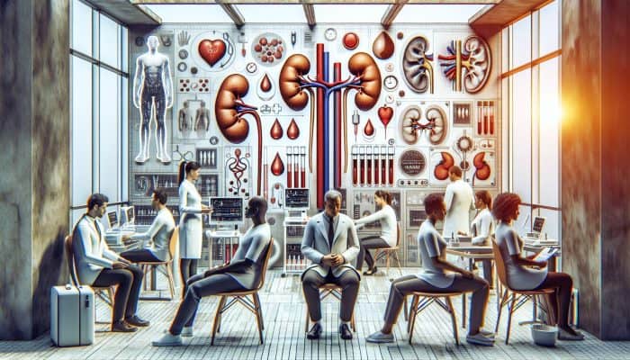 A diverse group receiving kidney blood tests at a clinic, emphasising health awareness and prevention.