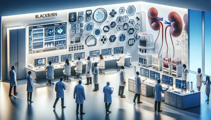 Modern Blackburn laboratory featuring advanced technology for precise, less invasive kidney blood tests, focusing on biomarker research.