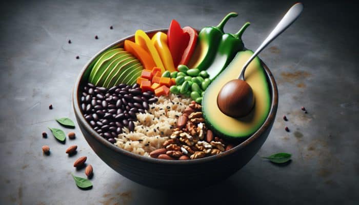 A vibrant bowl featuring brown rice, black beans, bell peppers, avocado, and nuts, illustrating a balanced, nutrient-dense meal.