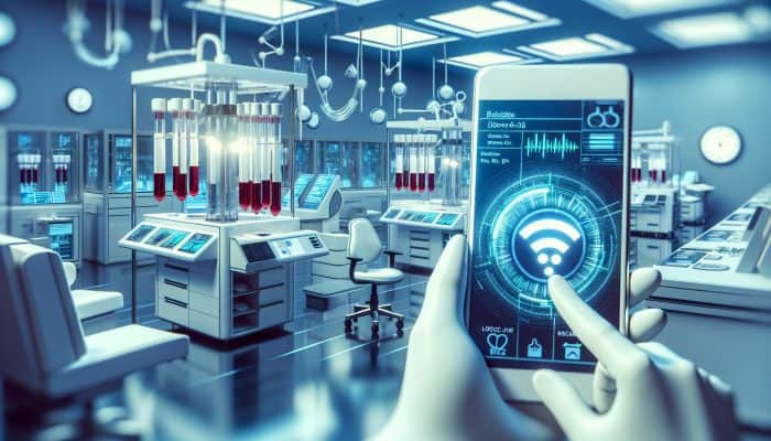 Modern medical lab processing blood samples, digital clock showing days passing, smartphone notification for test results.