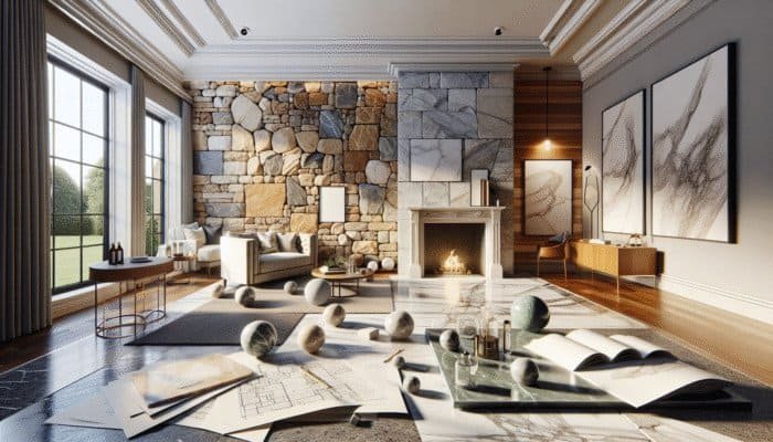 UK home interior with sandstone, slate, and marble, maintained by LTP's pH-neutral cleaners, showcasing natural beauty.