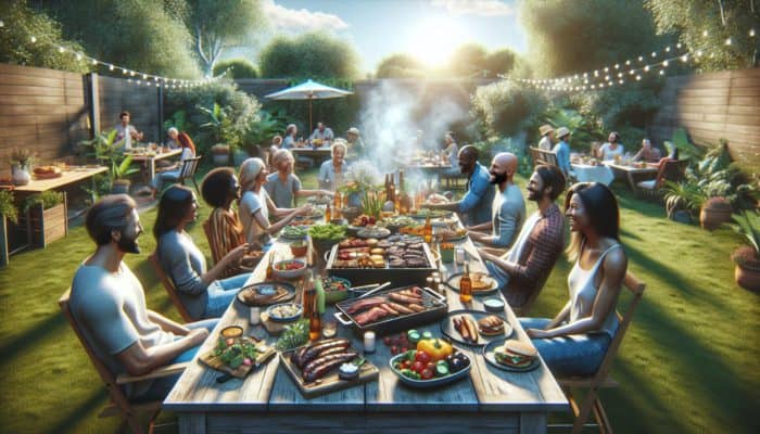 A lively BBQ setup with grilled meats, vibrant sides, and friends relishing a feast in a sunlit backyard.