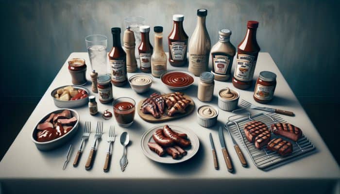 A table showcasing Kansas City BBQ sauce in a jar, Alabama white sauce in a bowl, and a custom BBQ sauce in a bottle, alongside grilling tools and meats.