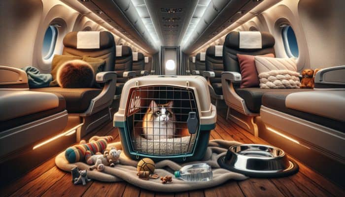 A cat in a secure pet carrier on an airplane, surrounded by travel essentials.