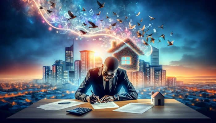 First-time buyer in Randburg signing mortgage, city skyline and falling interest rate graph in background.