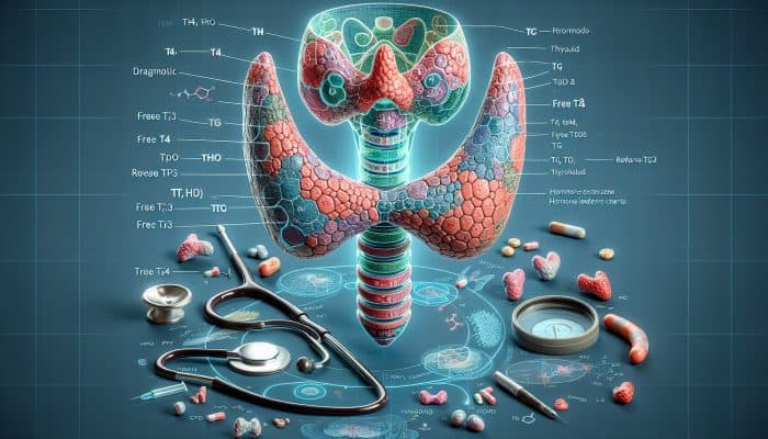 Illustration of thyroid gland with labeled sections for TSH, T4, T3, TPO, Tg, Free T4, Free T3, Reverse T3, and diagnostic tools.