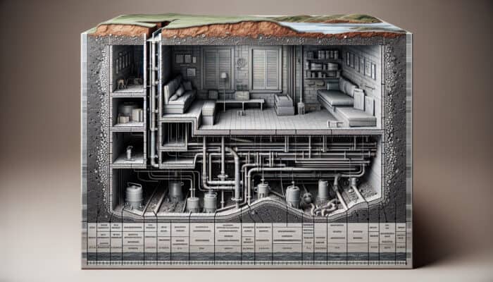 Cross-section of Delta crawl space with drainage system including French drains, sump pumps, and moisture barriers.