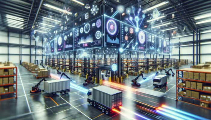 Agile robots in a warehouse transporting clearance items to dynamically adjusting trucks, with digital screens showing inventory and orders.