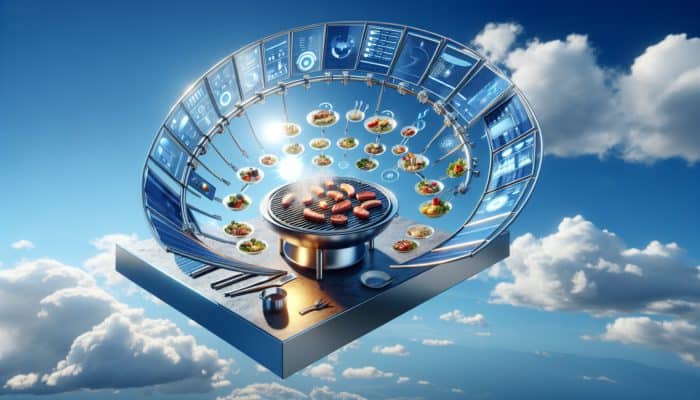 A solar grill using reflectors to focus sunlight onto a cooking surface, grilling various dishes.