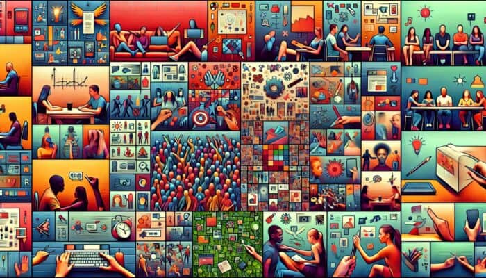 A vibrant collage of TikTok screens showing various engaging content types like challenges, tutorials, and humorous clips.