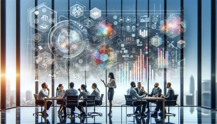 Energy sector experts discussing virtual assistant implementation on an interactive screen with pilot project data and phased rollout plans.