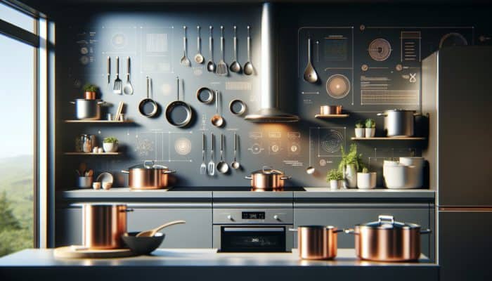 Modern kitchen with induction-compatible and eco-friendly cookware, enhancing compact cooking space.