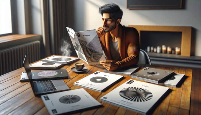 Person comparing boiler service provider brochures and reviews at home with laptop and coffee.