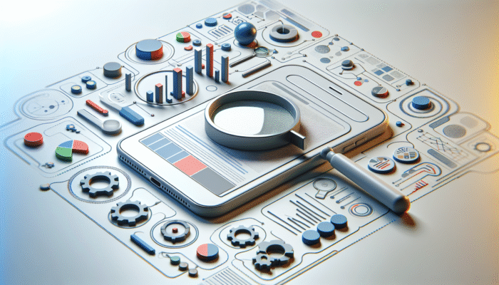 Smartphone showing search results with optimized title tags, magnifying glasses, and graphs for mobile search optimization.