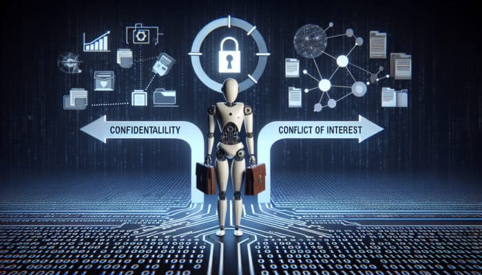 A humanoid robot at a crossroads labelled 'Confidentiality' and 'Conflict of Interest', with binary code and client files in the background.