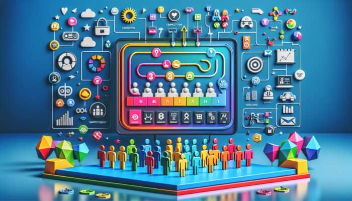 A lively digital interface featuring a leaderboard, rewards, and playful competitions among hosts, enhancing loyalty through gamification.