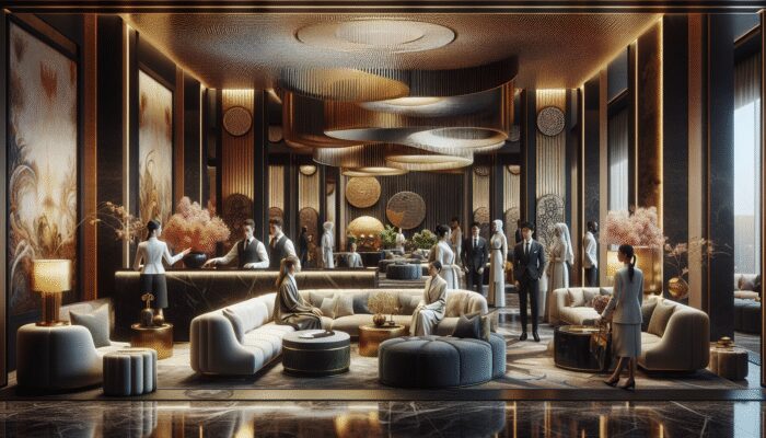 Elegant lobby of a luxury hotel with sophisticated decor, attentive staff, and guests enjoying personalized service.