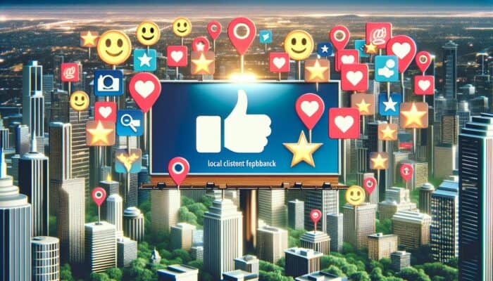 Positive client reviews displayed on screens with Google My Business, Yelp, and Avvo icons set against a cityscape.