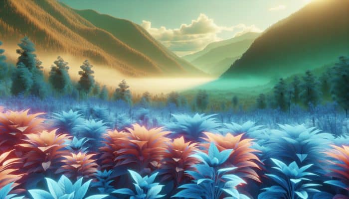 Ashwagandha plants in a serene landscape, symbolizing mental health and calmness.