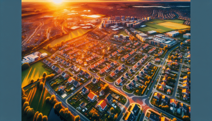 Aerial view of Ermelo at sunset, showcasing affordable neighborhoods and community life for first-time homebuyers.