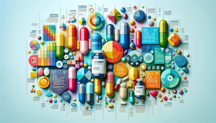 Dynamic infographic featuring tips for creating supplement-centric content, showcasing vitamins and capsules.