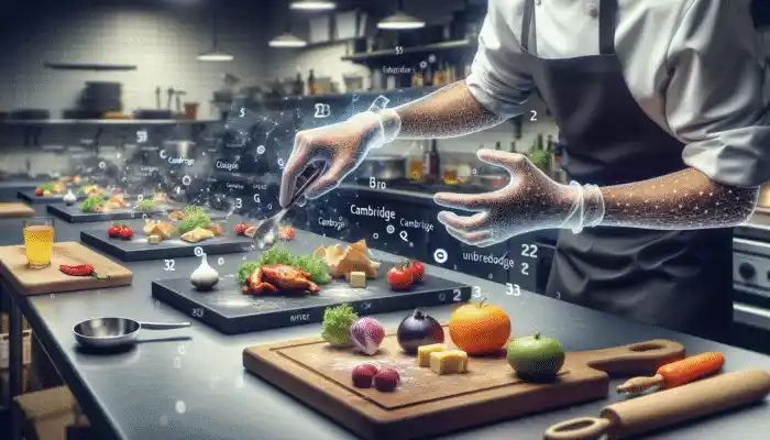 A person in a Cambridge restaurant kitchen wearing lightweight disposable polythene gloves, handling food.