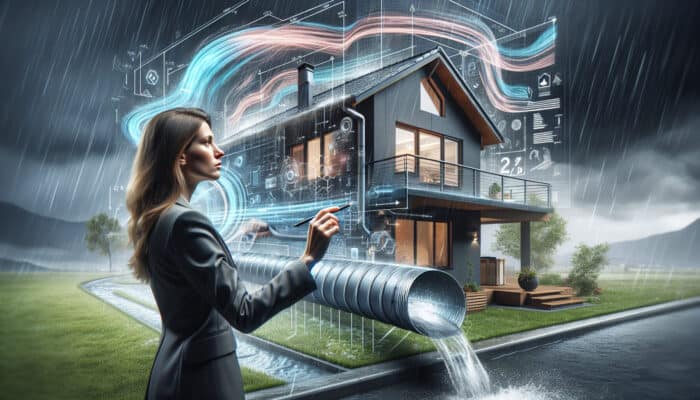 An expert using simulations to analyse and enhance a downspout system in Vancouver during a storm.