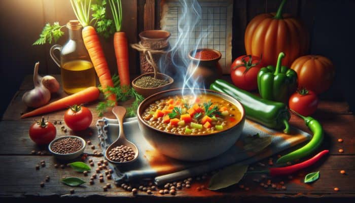 Steaming bowl of lentil and vegetable soup with carrots, celery, bell peppers, tomatoes, seasoned with cumin, coriander, bay leaves.