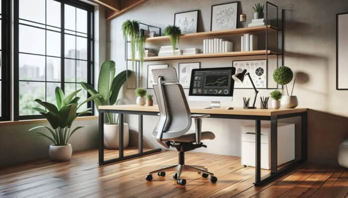 A modern home office setup featuring an adjustable chair, desk, and eye-level monitor, complemented by plants.