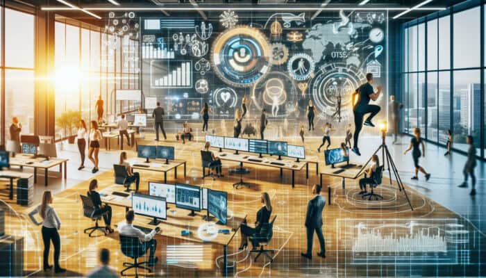 Remote virtual assistants in a modern tech firm engaging in fitness challenges and wellness check-ins via video calls, showcasing increased job satisfaction and reduced stress.