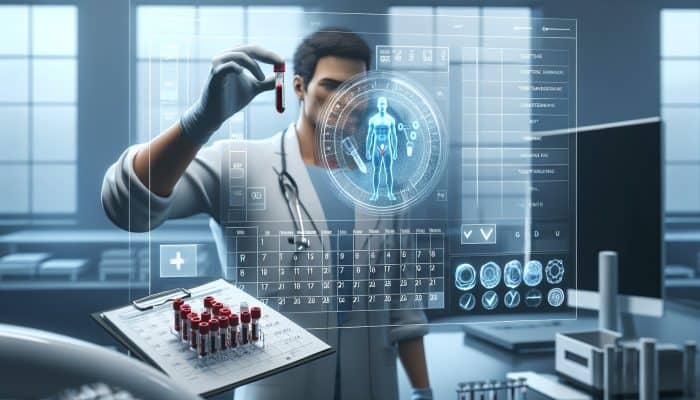 Individual in a lab with testosterone vial, checklist, and calendar, preparing for a blood test.