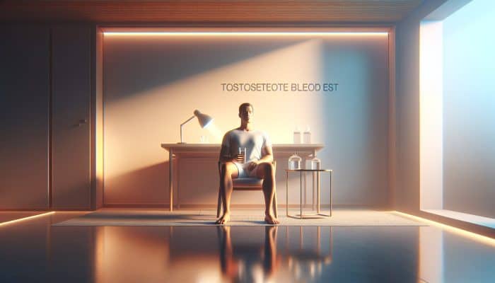 Individual fasting for a testosterone test, calmly drinking water in a serene, minimalist room.